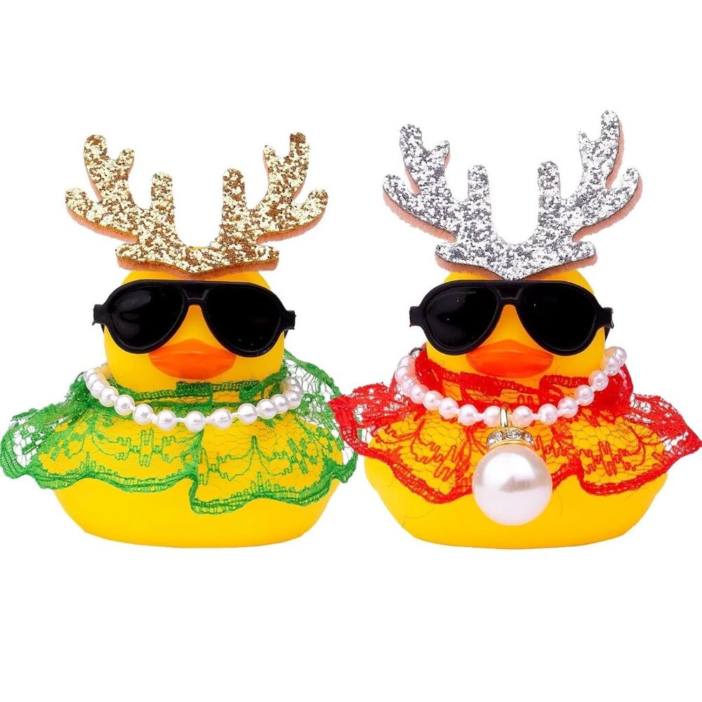 2 PCS - Christmas Rubber Duck Car Ornament, Dashboard Decor with Antlers & Acces